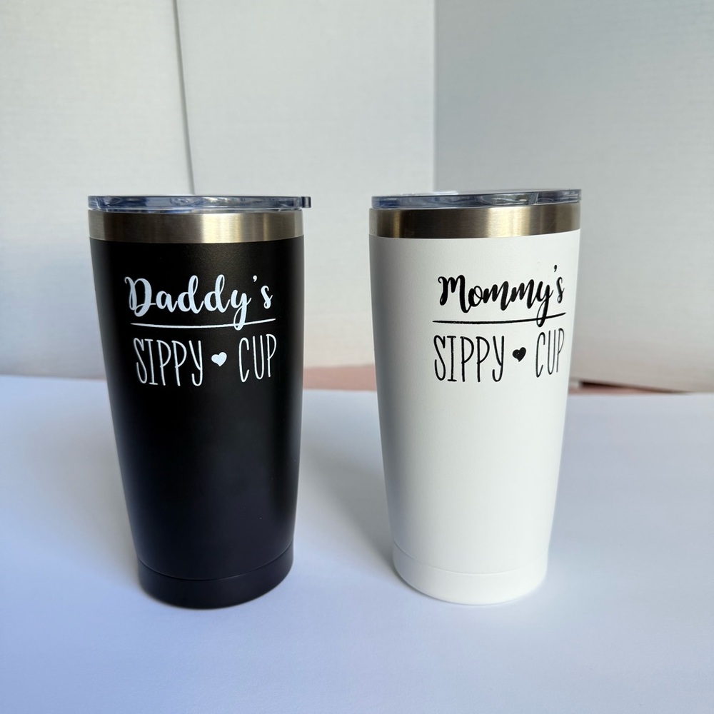 Set of Stainless Steel 20oz Tumblers – “Daddy & Mommy Sippy Cup” – Black & White